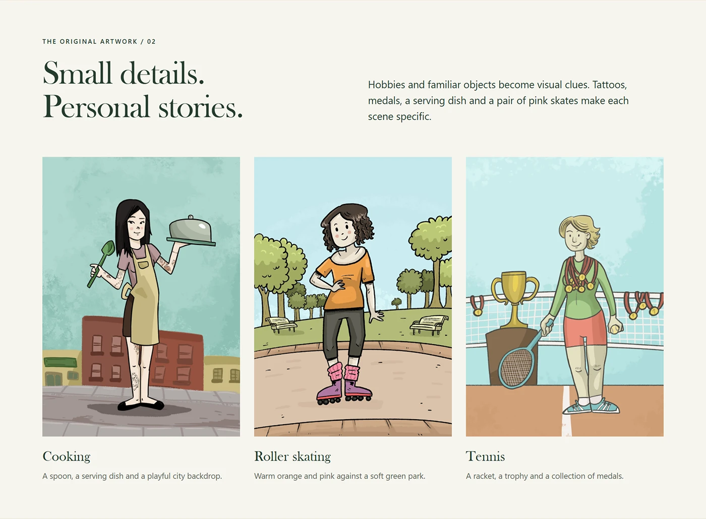 Illustrations — Cook, roller skater and tennis player